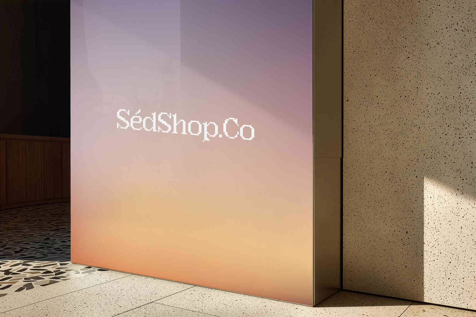 A large storefront wall showing a warm sunset gradient design at a building corner in sunlight.