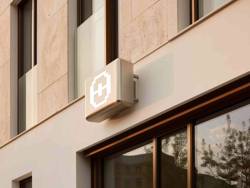 A wall-mounted cut-out lightbox sign with the SedShop.Co logo on a stone building with trees nearby.