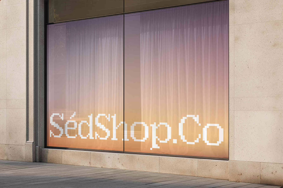 A facade window with a warm gradient storefront decal in soft daylight.