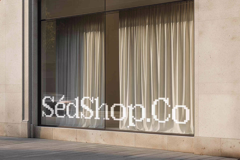 A building facade with a frosted SedShop.Co storefront decal in soft daylight.