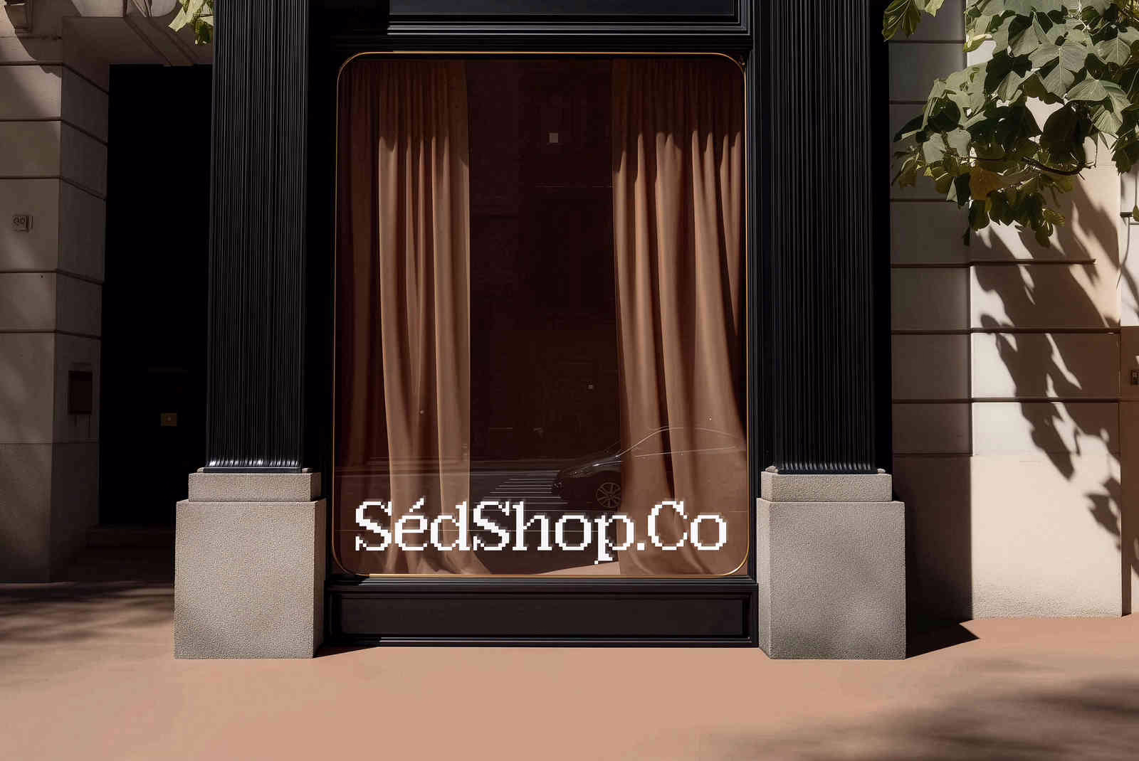 A storefront entrance with a warm gradient design on the glass, framed by a soft draped doorway in daylight.
