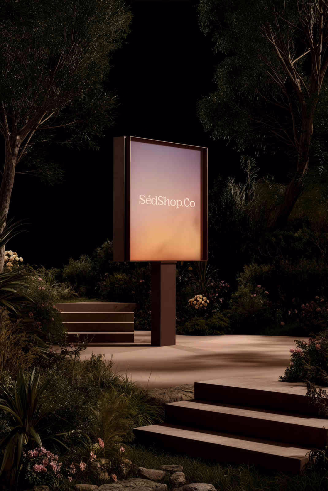 A backlit citylight screen on a stand among greenery and steps at dusk, showing the SedShop.Co logo.