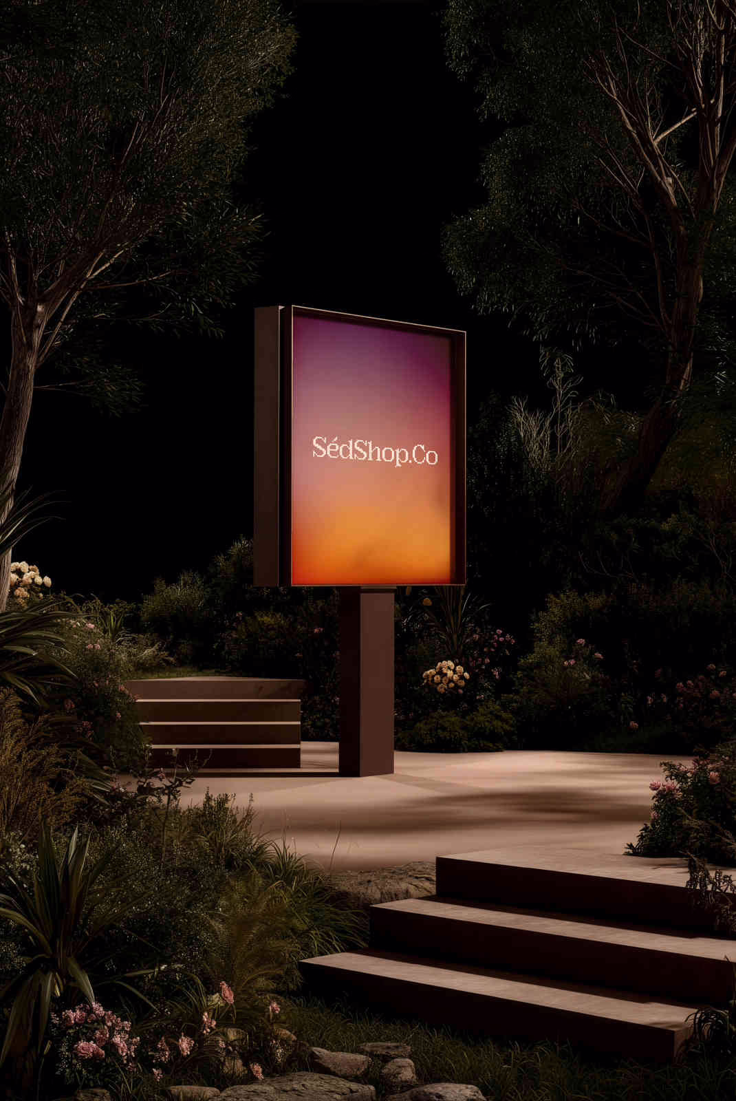A blank backlit citylight screen on a stand among greenery and steps at dusk.