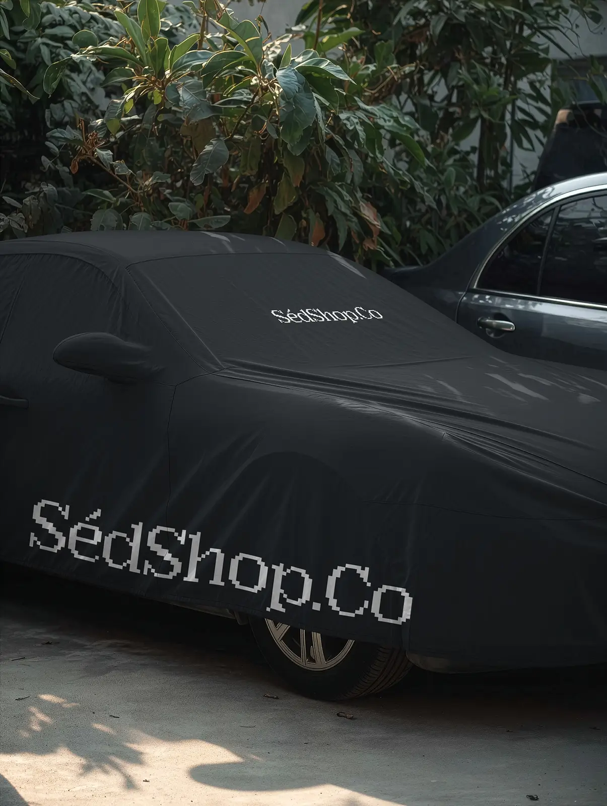 A branded car cover tarpaulin with the SedShop.Co logo draped over a vehicle outdoors among foliage.