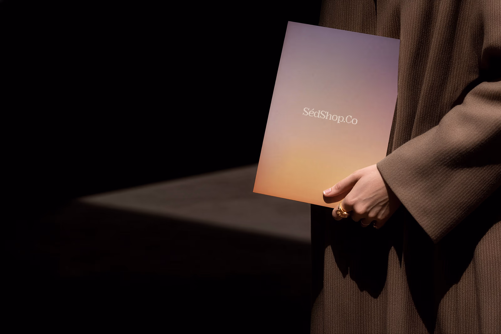 A person holding a warm gradient poster print with the SedShop.Co logo in a dark, cinematic scene.