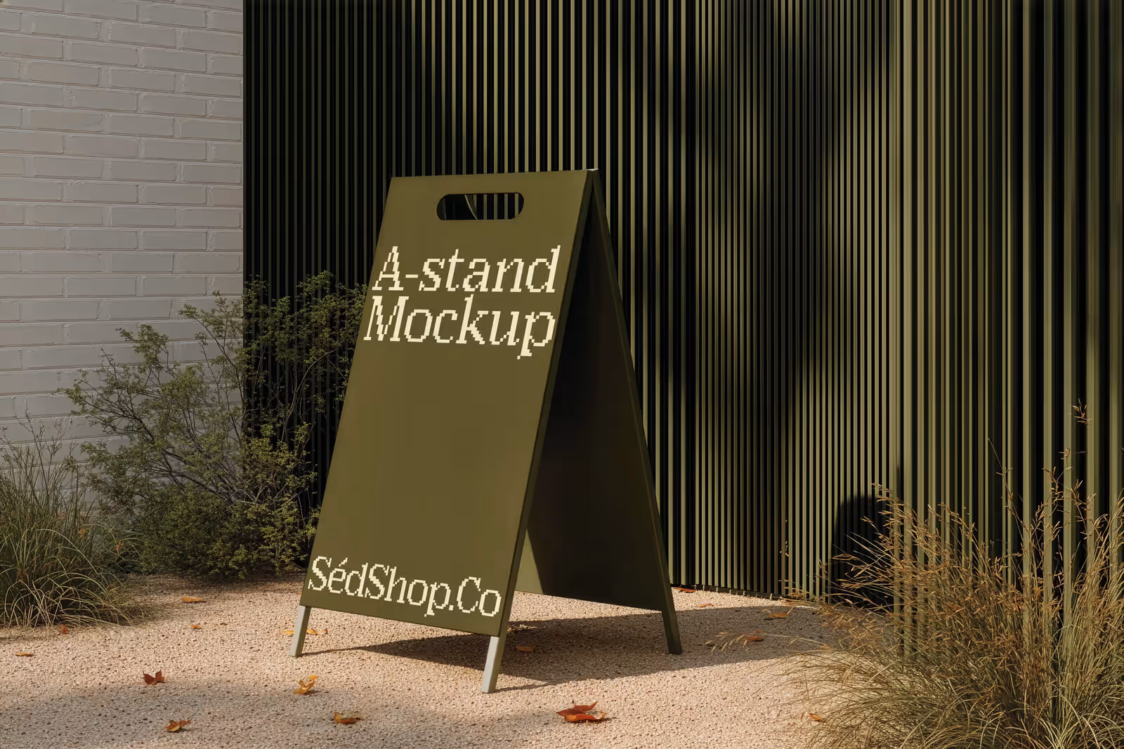 An A-frame pavement sign with the SedShop.Co logo on a sunlit outdoor path with grasses.