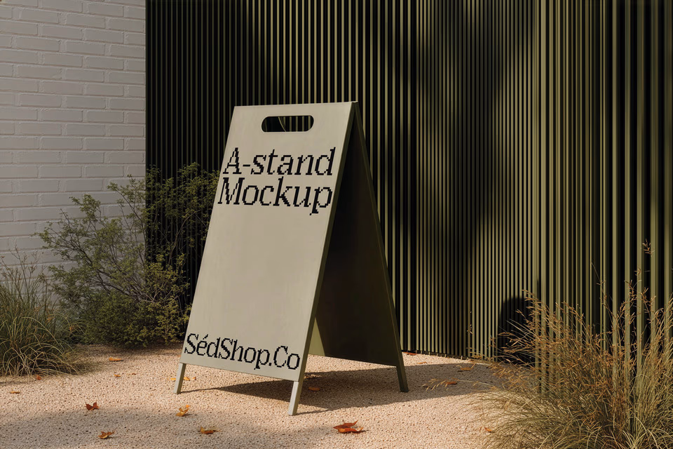 An A-frame pavement sign with a warm gradient design on a sunlit outdoor path.