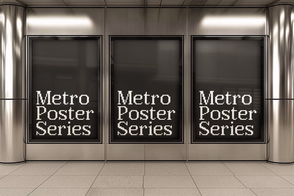 Three backlit citylight poster panels showing the SedShop.Co design in a polished metallic interior.