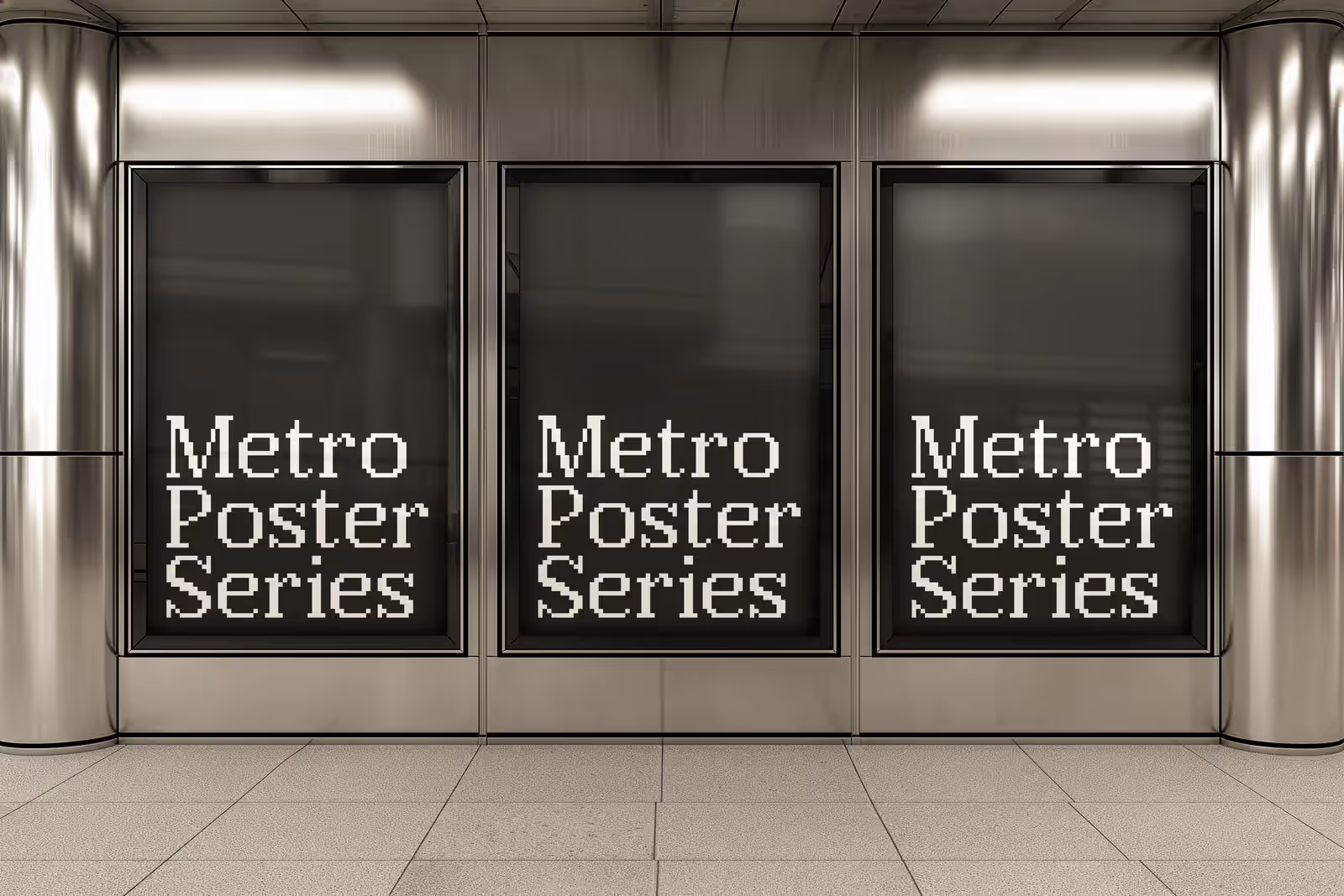 Three backlit citylight poster panels showing the SedShop.Co design in a polished metallic interior.