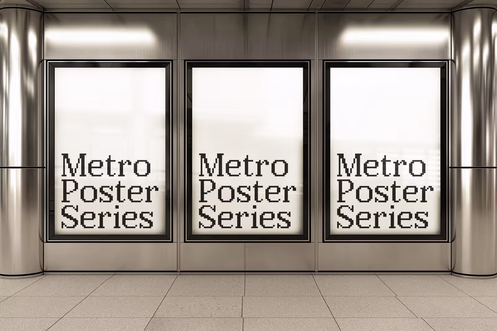 Three backlit citylight poster panels showing a warm gradient design in a polished metallic interior.