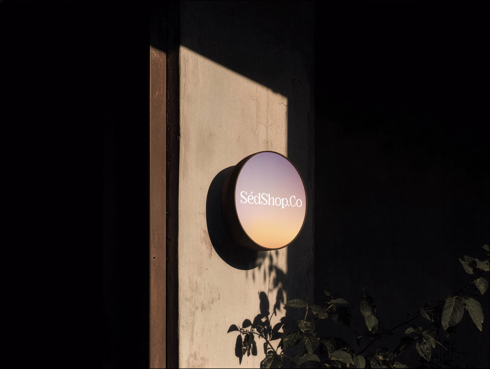 A round illuminated lightbox sign with the SedShop.Co logo on a dark exterior wall with foliage.