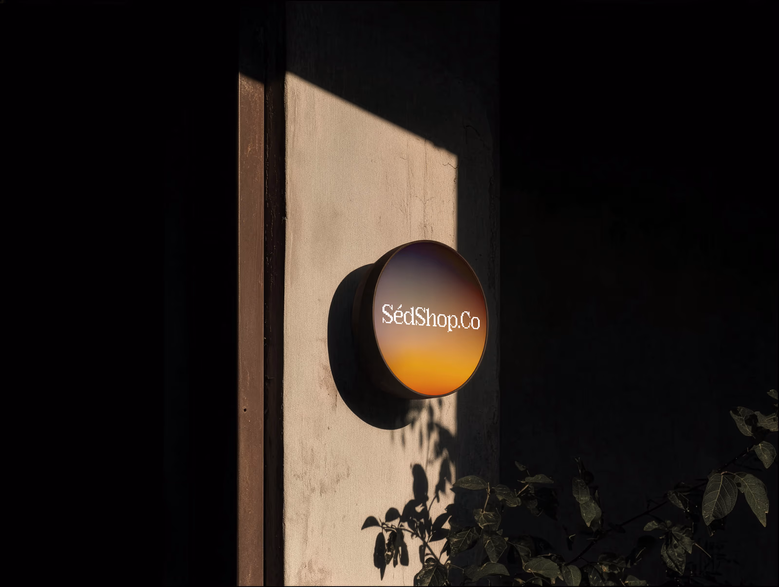 A round illuminated lightbox sign with a warm gradient design on a dark exterior wall with foliage.