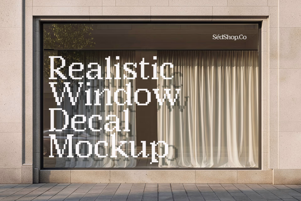 A large curtained storefront window with the SedShop.Co logo on a stone facade in soft daylight.