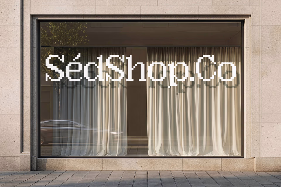 A large curtained storefront window with a warm gradient design on a stone facade in soft daylight.