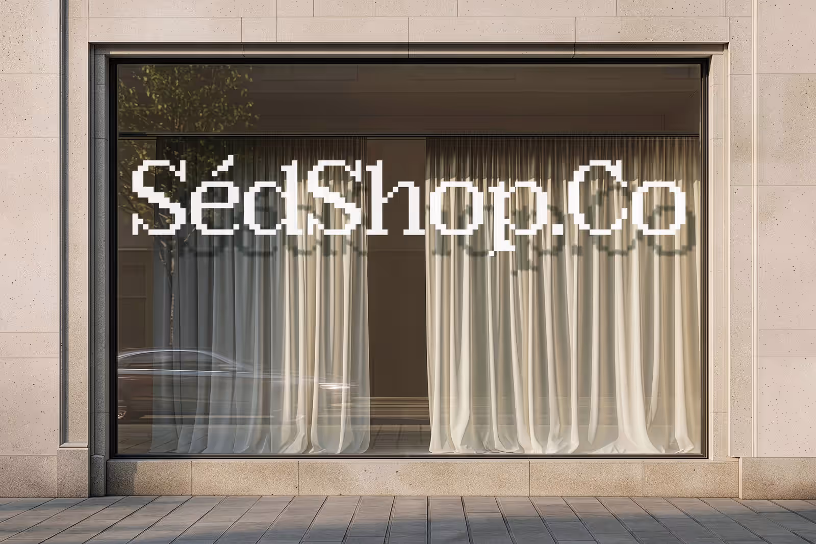 A large curtained storefront window with a warm gradient design on a stone facade in soft daylight.
