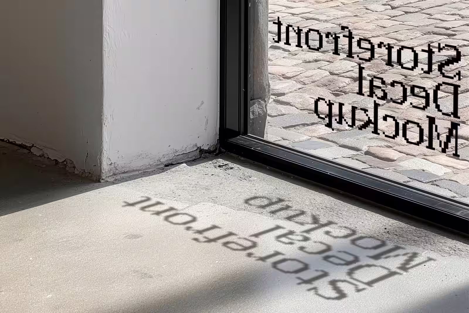 A corner storefront window decal with a warm gradient design reflected on the floor in daylight.