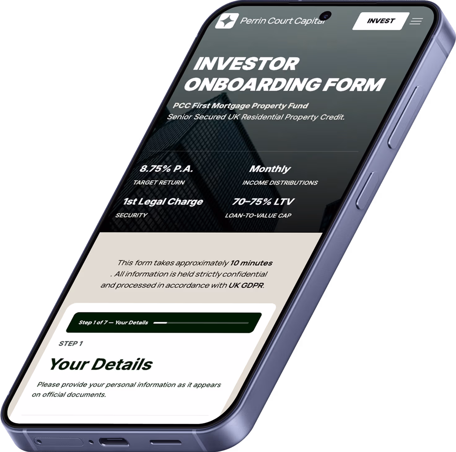 Investor application form screenshot