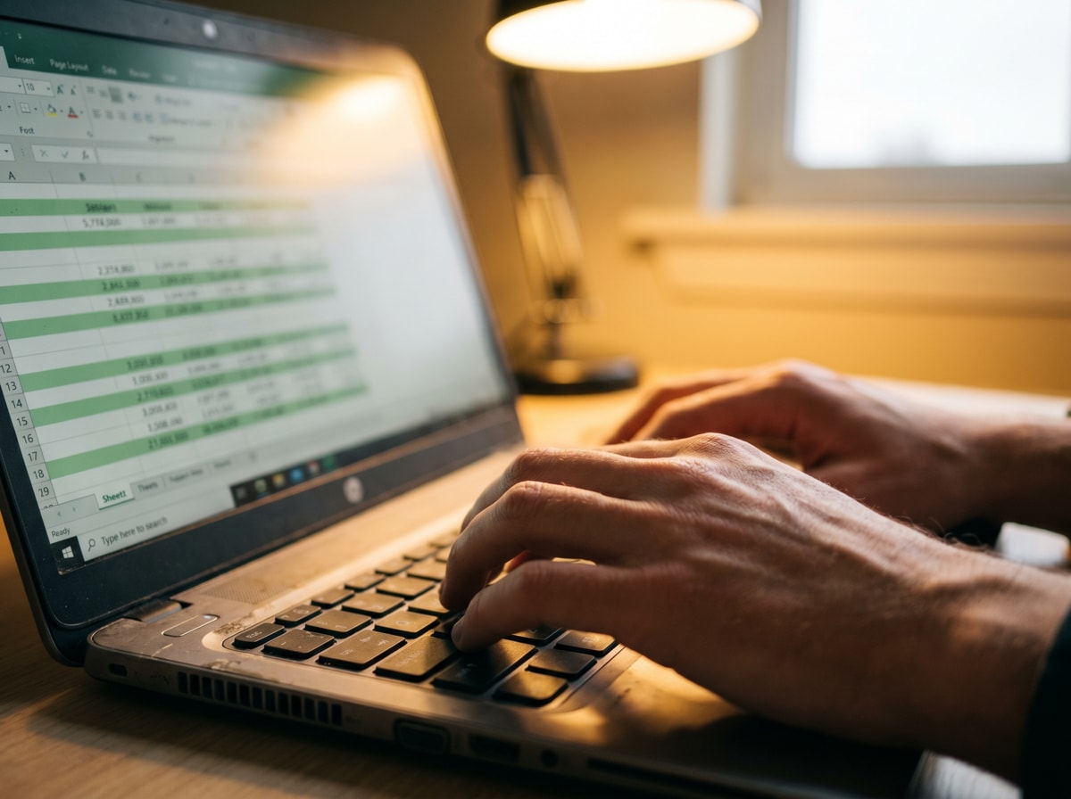 Hands reviewing financial data on a laptop screen