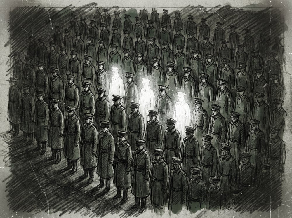 A crowd of near-identical figures, with a few glowing distinctly among the rest