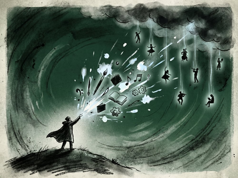 A lone figure launching creative signals into the sky, diverse personas descending in response