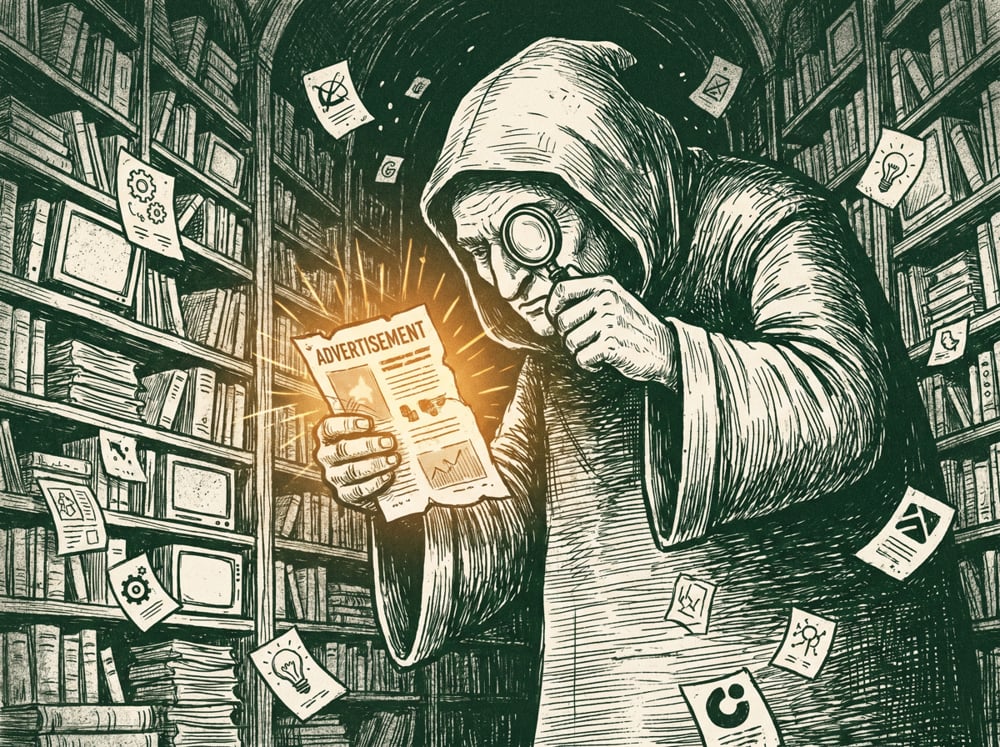 A colossal librarian reading the contents of an advertisement among endless shelves
