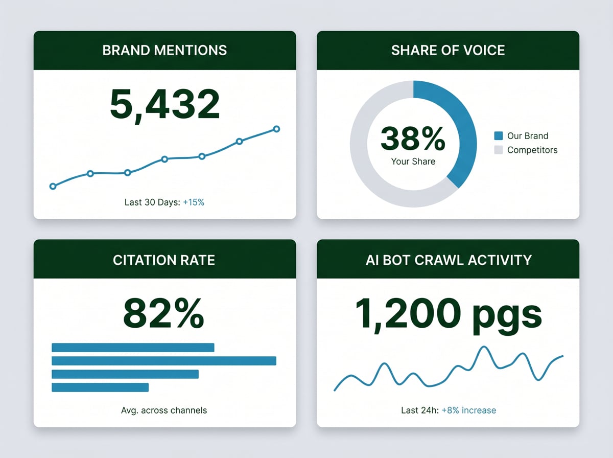 AEO metrics dashboard mockup showing brand mentions, share of voice, citation rate, and AI bot crawl activity