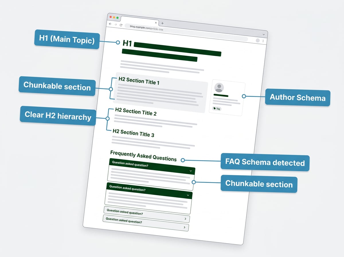 Annotated content structure mockup showing H2 hierarchy, FAQ sections, and schema markup flagged for AI crawlers