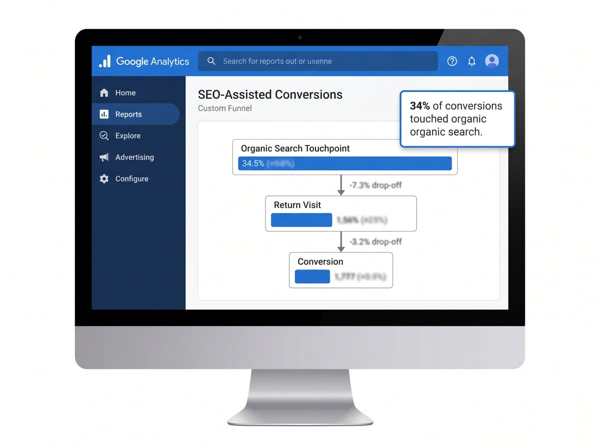 GA4 dashboard showing SEO-assisted conversions report