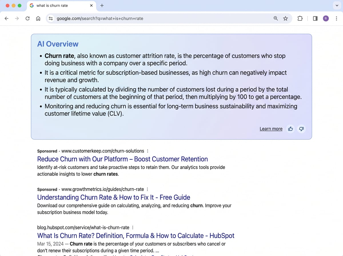 Modern Google SERP showing AI Overview pushing organic results down