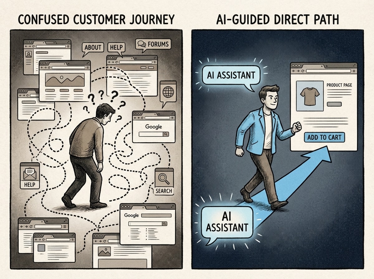 Comparison of traditional browsing journey versus direct AI-referred landing on product page