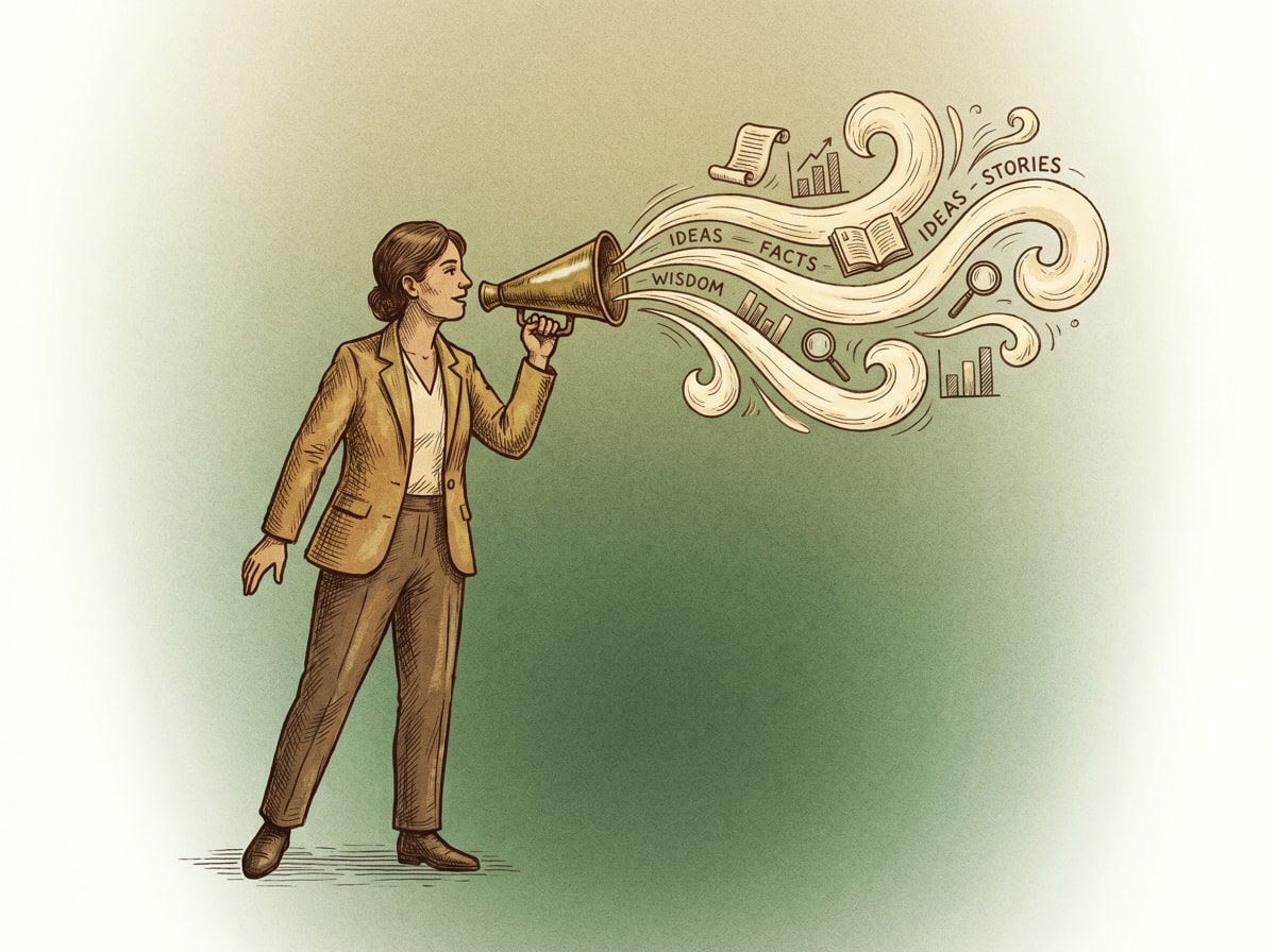 A confident human figure holding a megaphone that amplifies knowledge and content outward