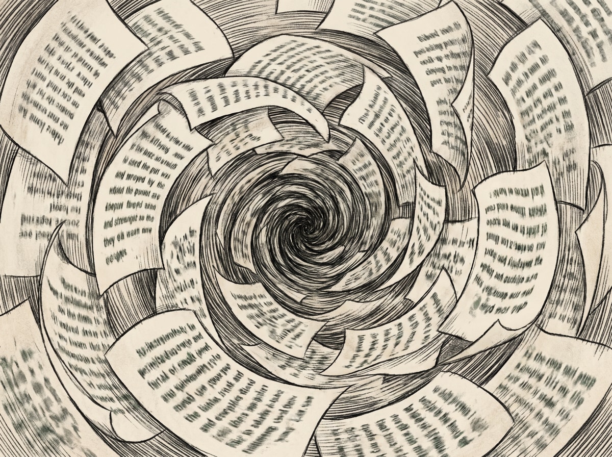 Swirling vortex of paper pages illustrating the AI content misinformation loop