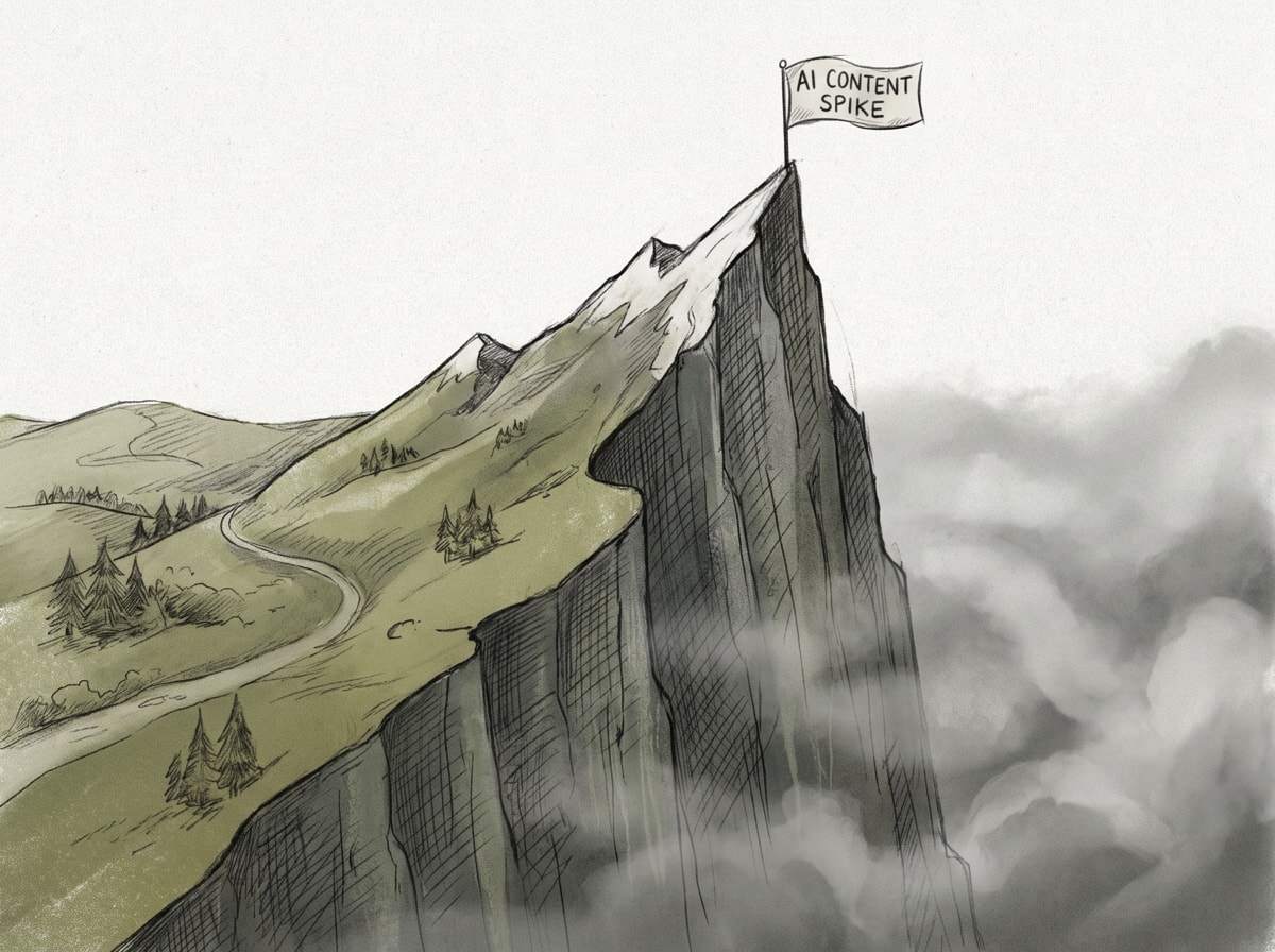 Illustrated mountain landscape representing the dramatic rise and cliff-edge fall of AI content traffic