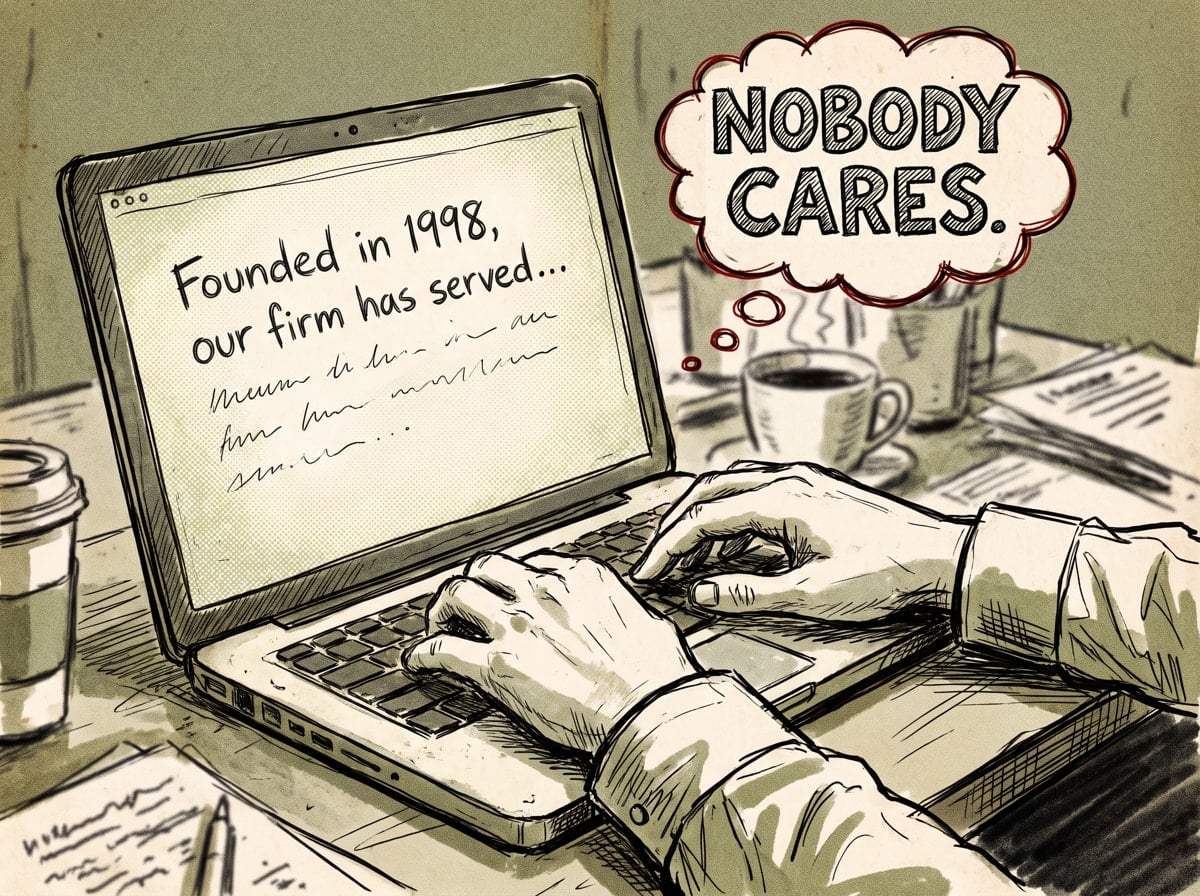Illustration of a person typing a website that opens with its founding history instead of addressing the visitor's needs