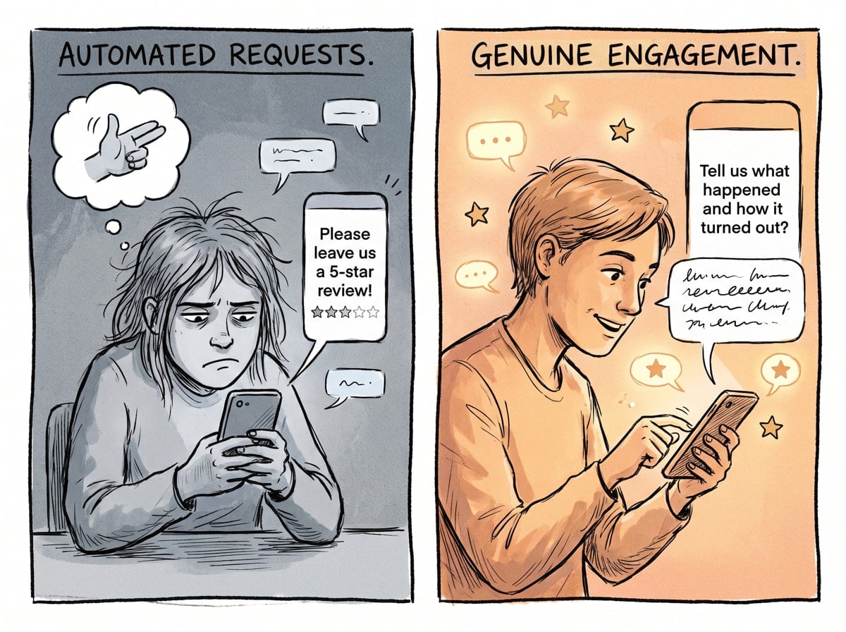 Two-panel illustration contrasting a generic review request that gets ignored versus a story-prompt request that generates a detailed, useful response