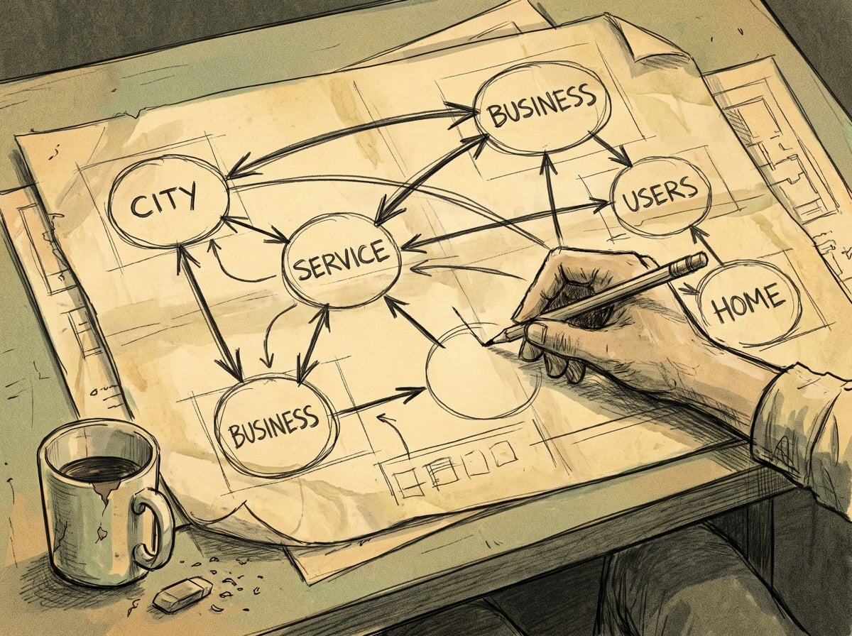 Bird's eye illustration of a hand-drawn website architecture diagram connecting Business, Service, and City nodes