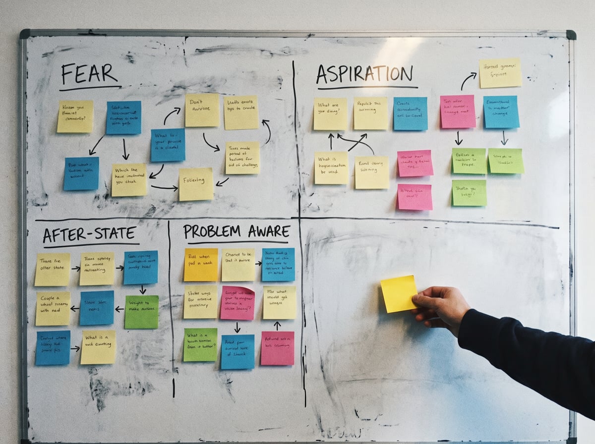 A creative strategy whiteboard matrix with sticky notes grouped by persona and emotional zone, one corner visibly empty
