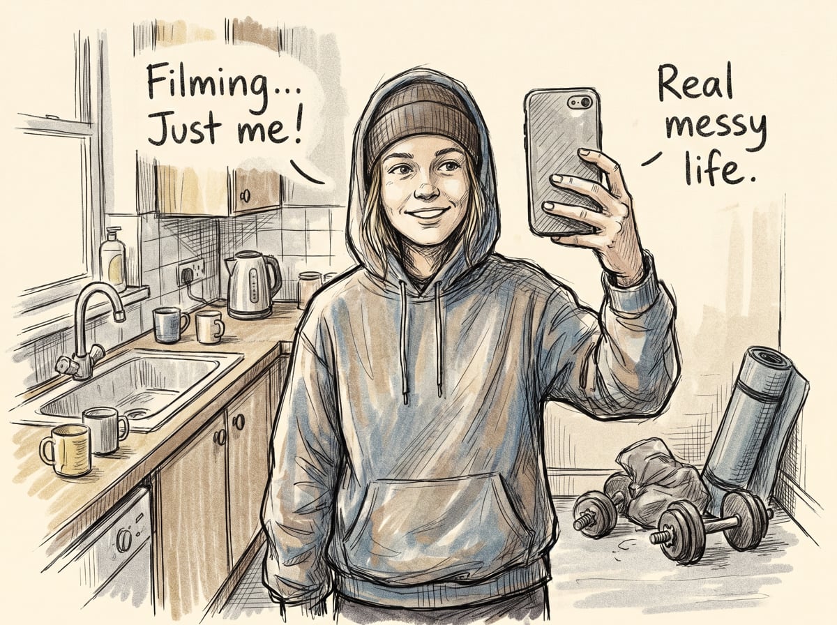 A creator filming themselves casually in a natural everyday setting, no professional equipment, raw and authentic