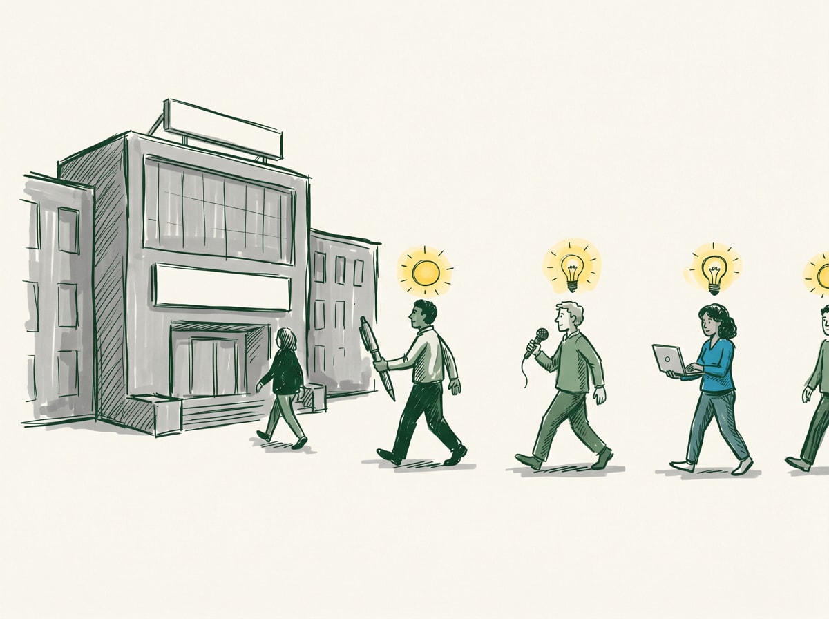 Illustration of small individual figures walking away from a large institutional building, each carrying their own light