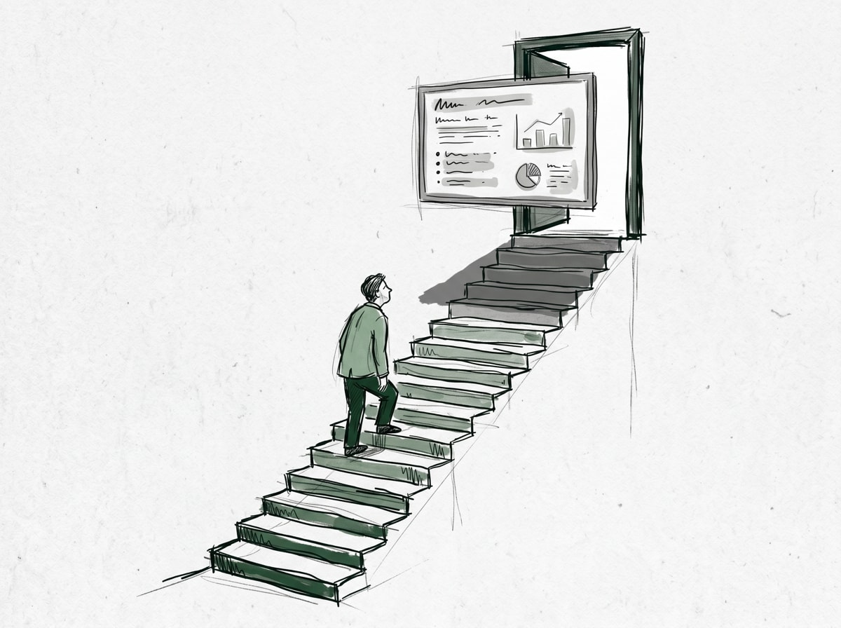 Illustration of a figure climbing a staircase toward a doorway blocked by a floating AI summary screen