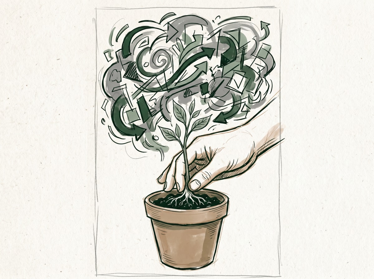 Illustration of a hand planting a small sapling in a pot while a chaotic cloud of shifting shapes looms above