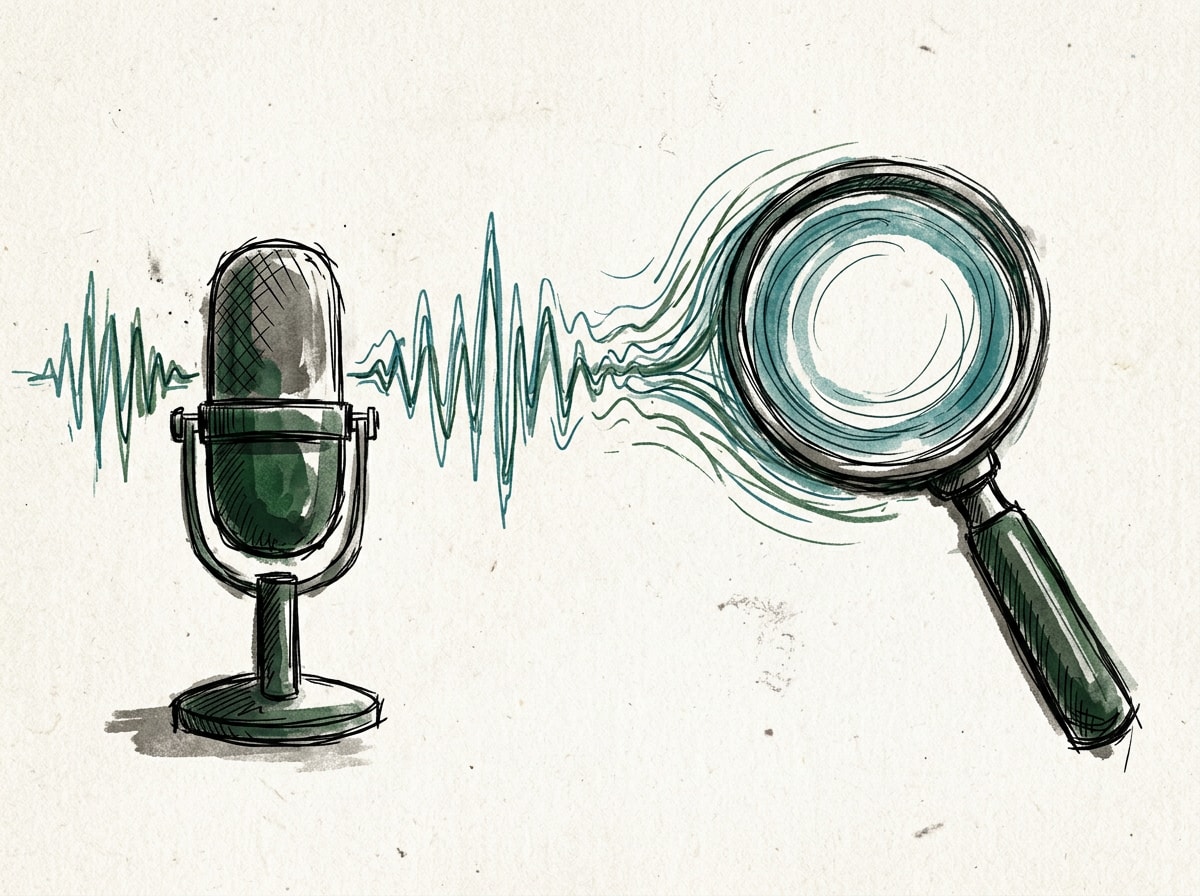 Illustration of a podcast microphone with sound waves turning into a search icon