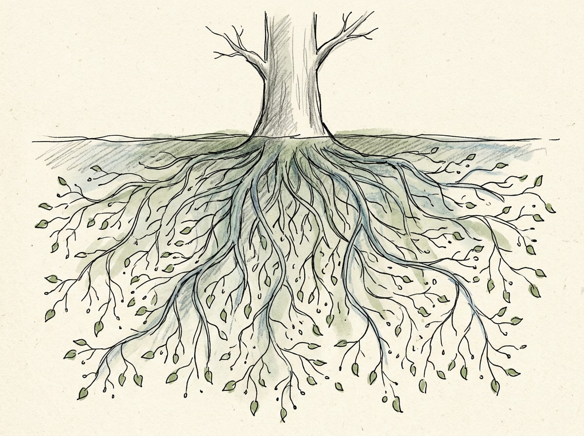 Illustration of a tree with a sprawling root system representing connected pages and integrations