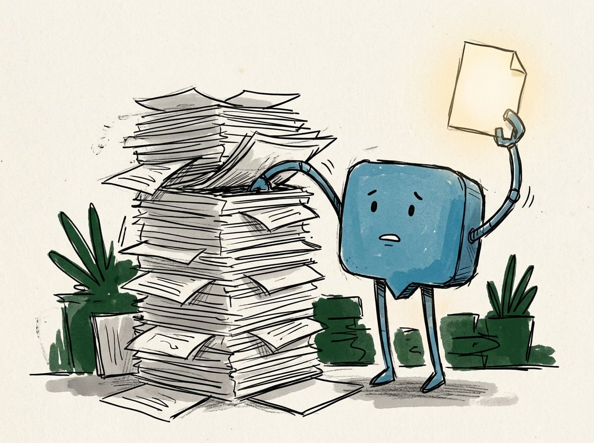 Illustration of an AI pulling one specific source out of a stack of generic content