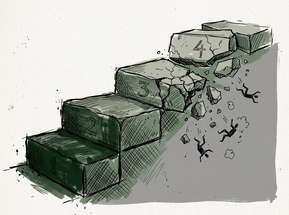 Illustration of a stone staircase where the top two steps stand firm and the lower steps crumble away, representing collapsing click-through rates below position two