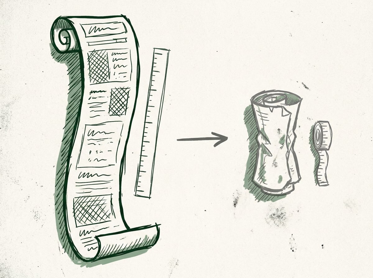 Illustration of a long unrolled scroll shrinking into a short crumpled scroll next to a measuring tape, representing AI Overviews getting shorter