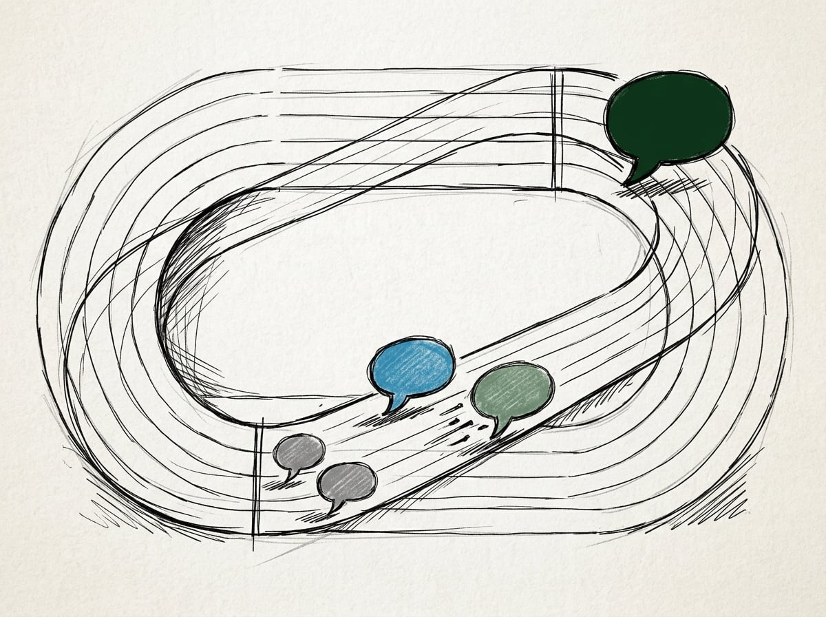 Illustration of abstract chat bubble runners racing along a track, with one bubble far ahead and another closing the gap fast