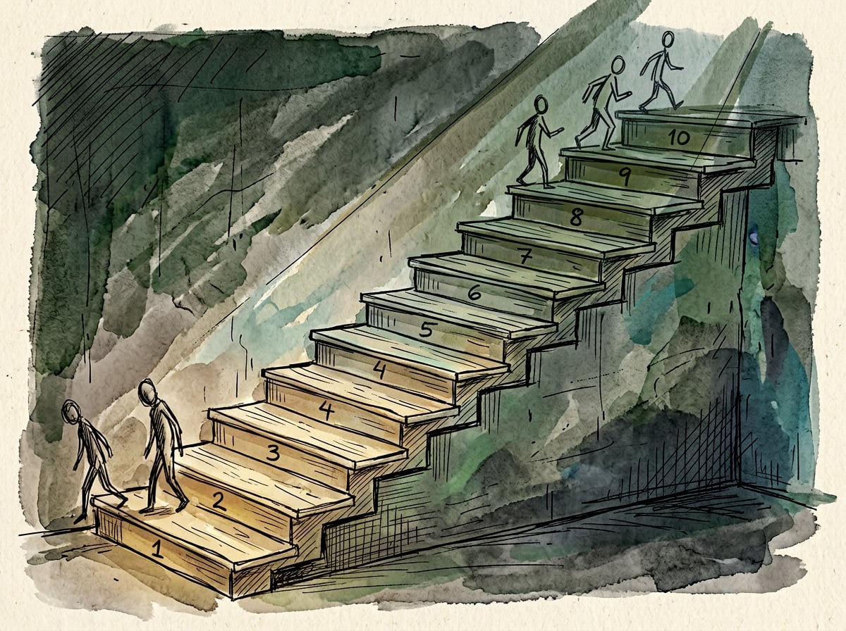Illustration of a staircase with light fading from the top position down to the bottom position