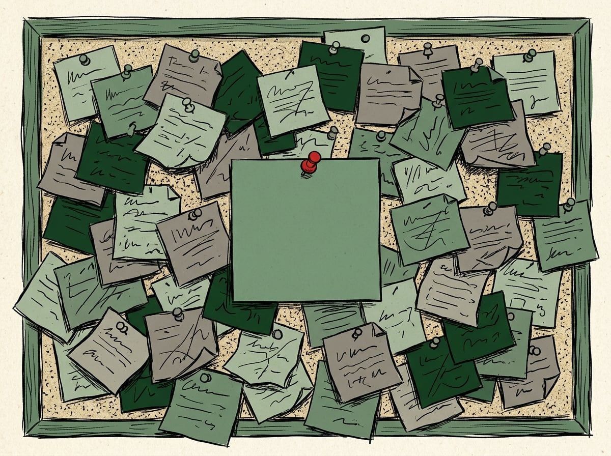 Illustration of a corkboard covered in scattered sticky notes with one clean note standing out in the center
