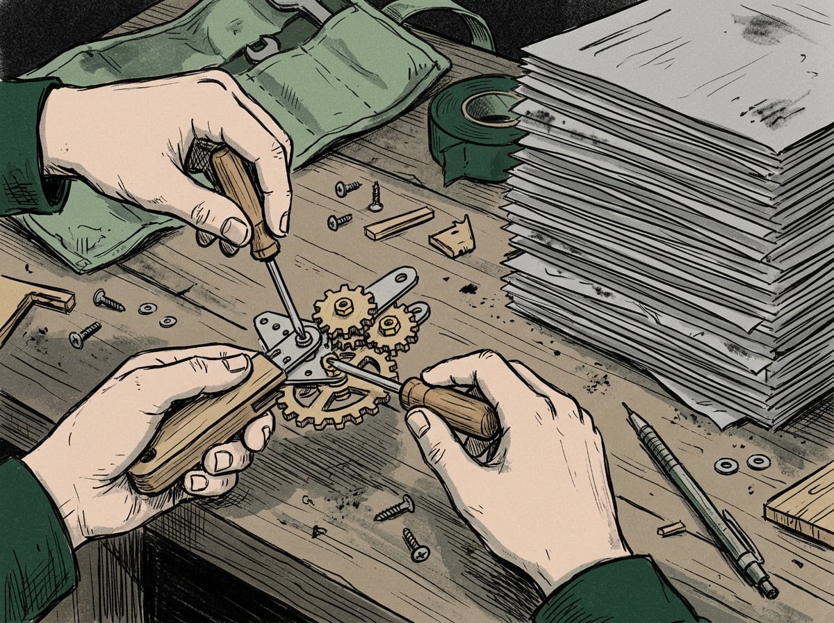 Illustration of hands assembling a small mechanical tool next to a neglected stack of paper articles